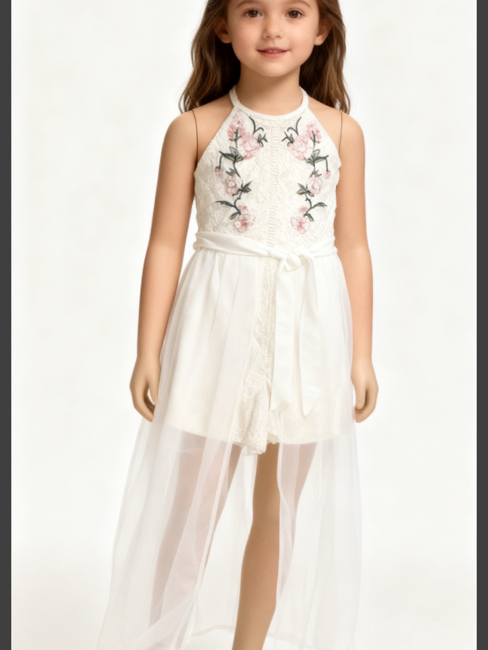 Sequin Hearts Girls White High-Low Lace Dress with Pink Floral Embroidery Maxi